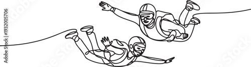 Skydivers Man And Woman Skydive In Air Black Line Pencil Drawing Vector. Young Boy And Girl Wearing Skydive Clothes, one line art icon drawing vector