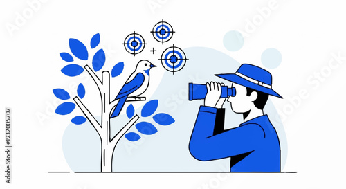 Man in Hat with Binoculars Observing Bird on Tree with Targets.