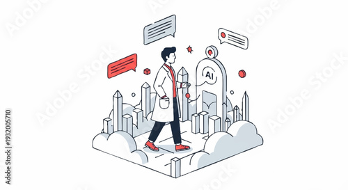 Man in lab coat walking through futuristic city with chat bubbles.