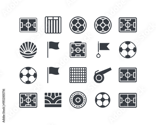 A collection of black and white soccer icons on a clean white background
