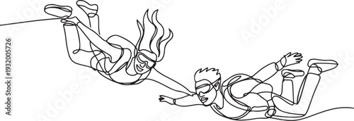 Skydivers Man And Woman Skydive In Air Black Line Pencil Drawing Vector. Young Boy And Girl Wearing Skydive Clothes, one line art icon drawing vector