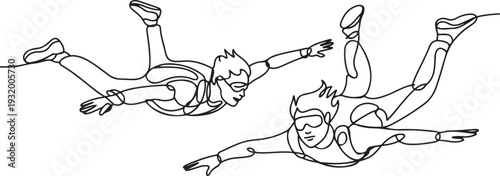 Skydivers Man And Woman Skydive In Air Black Line Pencil Drawing Vector. Young Boy And Girl Wearing Skydive Clothes, one line art icon drawing vector
