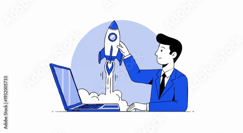 Man in suit launching rocket from laptop business concept.