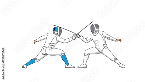 Dynamic fencing duel with two athletes in motion on a white background