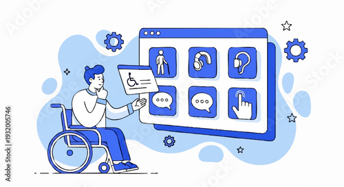Man in wheelchair interacting with accessibility features on a digital interface.