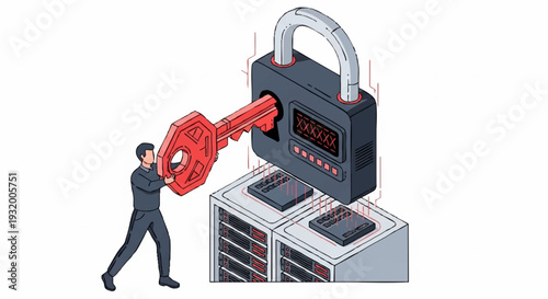 Man Inserting Large Key into Digital Lock on Servers.