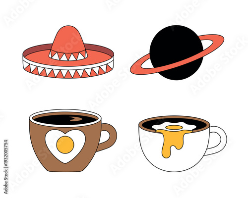 A colorful illustration of a sombrero, a planet, and two cups of coffee with eggs
