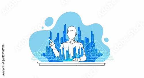 Man in suit with city skyline overlay holding a pen.