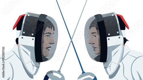 Competitive fencing match with focused duelists and protective gear