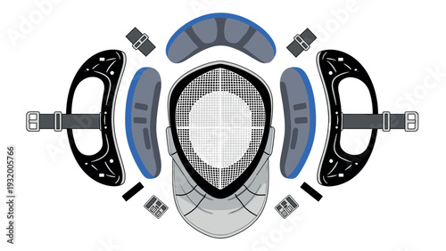 Fencing mask and gear flat design: protective sports equipment layout