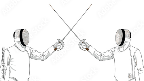 Fencing duel: two fencers crossing swords in dynamic outline style
