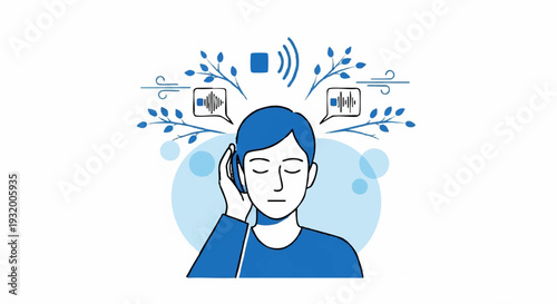 Man Listening To Music With Headphones And Sound Waves.