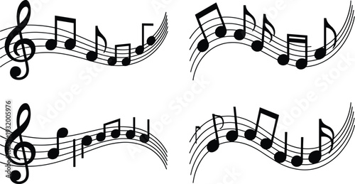 Flowing music notes melody staff wave musical sound rhythm vector illustration set isolated design elements collection