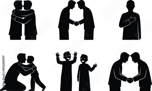 Silhouettes of Islamic Greeting, Peaceful Embraces, Handshakes, and Respectful Gestures Showing Brotherhood, Family Bond, and Cultural Traditions