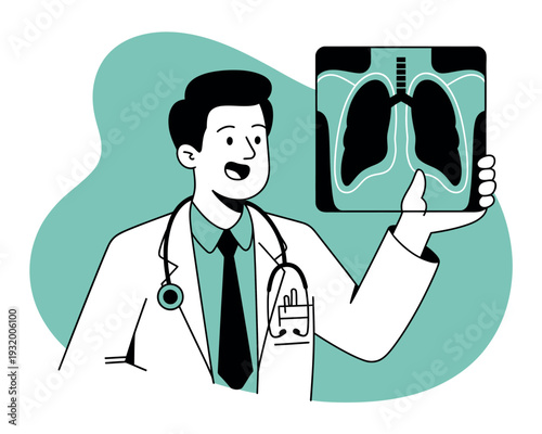 A smiling doctor in a white lab coat examining a lung x-ray