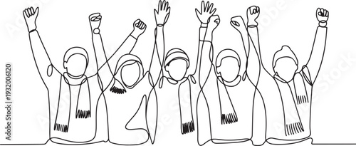 Young Men And Woman Sports Fans With Sportive Attributes Scarf, Hat And Hand Cheer Team. one line art icon drawing vector