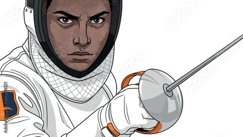 Dynamic pop art fencer in action pose with sword and helmet