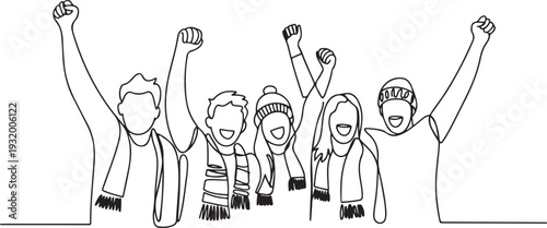 Young Men And Woman Sports Fans With Sportive Attributes Scarf, Hat And Hand Cheer Team. one line art icon drawing vector