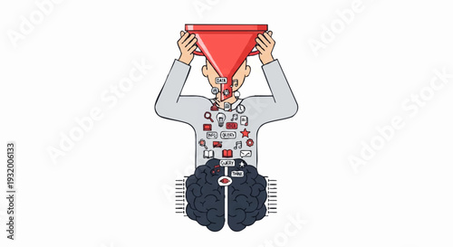 Man pouring information into his head from a funnel.