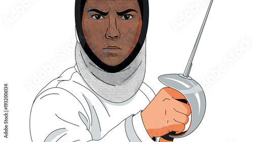 Dynamic fencer in action with saber on white background