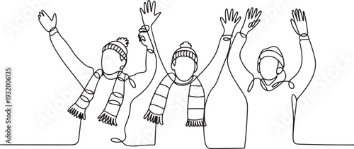 Young Men And Woman Sports Fans With Sportive Attributes Scarf, Hat And Hand Cheer Team. one line art icon drawing vector