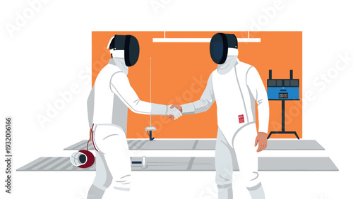 Fencers shaking hands in arena after match