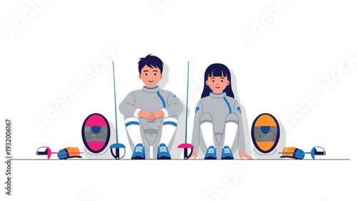 Young fencers resting with gear in modern minimalist style