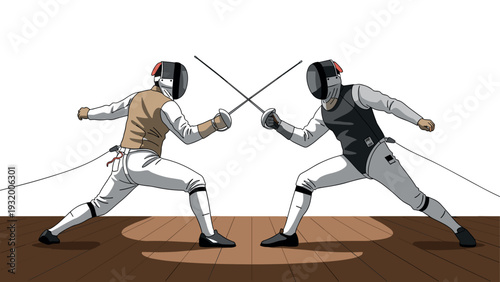 Dynamic fencing duel: two fencers engaging in an energetic match on a wooden floor