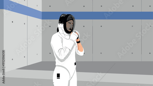 Fencer in protective gear ready for action in indoor arena
