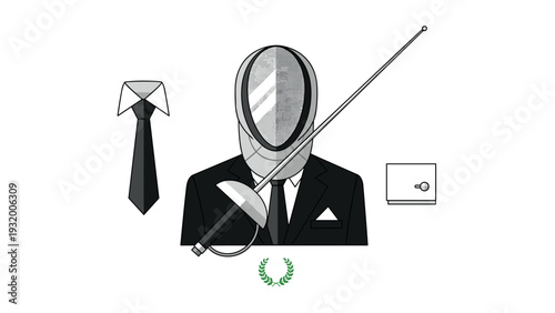 Elegant fencing attire and office elements in minimal black and white design