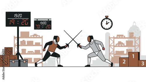 Warehouse duel: fencing match in an industrial setting