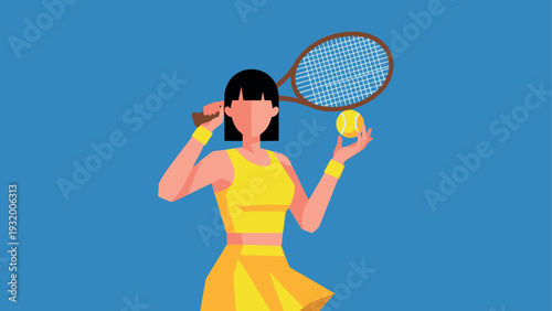 Modern flat style tennis player with racket and ball on blue background