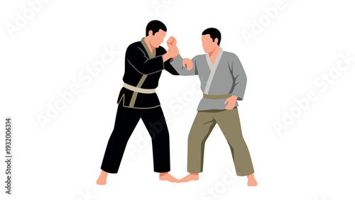 Martial arts training: two men practicing judo techniques in traditional attire