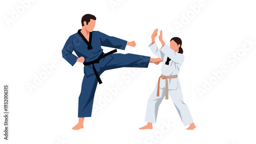 Martial arts training karate sparring between two practitioners in action pose