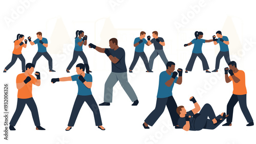 Mixed martial arts training scene with diverse fighters practicing combat moves