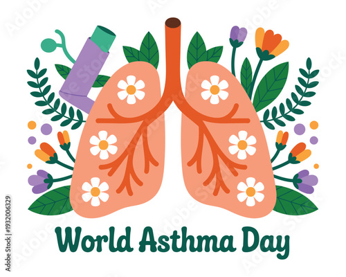 A vibrant illustration of lungs surrounded by flowers and an inhaler for World Asthma Day