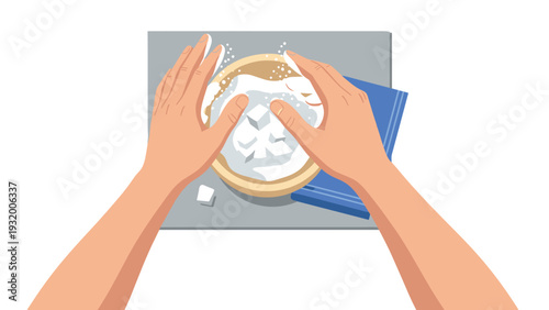 Hands kneading dough on kitchen surface with baking ingredients in background