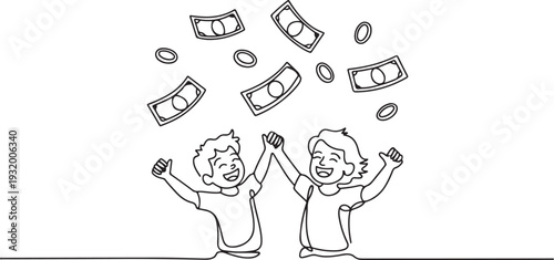 Happiness Young Boy And Girl Dance Under Money Rain, Cash Banknotes And Coins Falling From Sky. one line art icon drawing vector