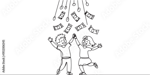 Happiness Young Boy And Girl Dance Under Money Rain, Cash Banknotes And Coins Falling From Sky. one line art icon drawing vector