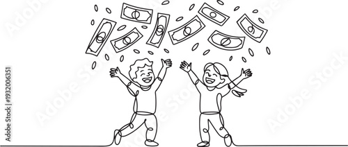 Happiness Young Boy And Girl Dance Under Money Rain, Cash Banknotes And Coins Falling From Sky. one line art icon drawing vector