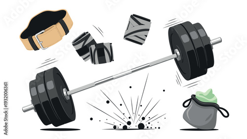 Gym equipment essentials: dumbbell, lifting belt, wrist wraps, and chalk