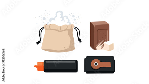 Kitchen essentials with salt bag, chocolate block, cream tube, and can opener