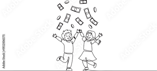 Happiness Young Boy And Girl Dance Under Money Rain, Cash Banknotes And Coins Falling From Sky. one line art icon drawing vector
