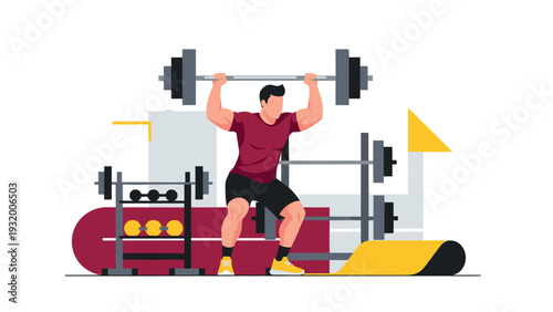Man lifting weights in gym with modern equipment and urban background