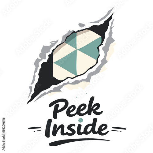 Creative abstract torn paper design revealing colorful geometric pattern inside with peek inside text illustration