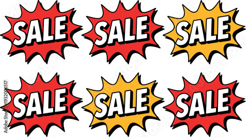 A collection of colorful sale stickers on a white background