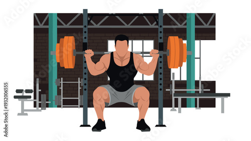 Muscular athlete performing squat with barbells in gym setting