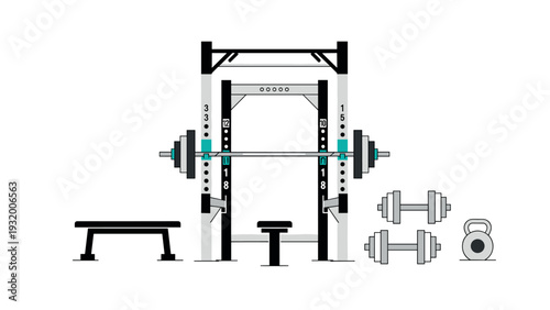 Home gym equipment setup with squat rack, dumbbells, and kettlebell in minimal style