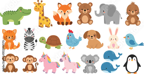 Cute Cartoon Animal Collection with Bear Fox Elephant Giraffe Penguin and Farm Wildlife Characters Vector Illustration