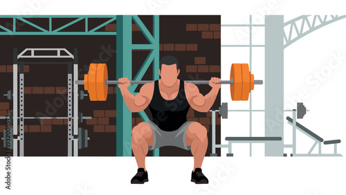 Powerful gym squat: athlete lifting weights in modern fitness center
